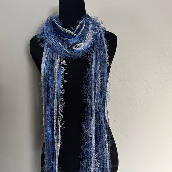 Blue and White Fringed Scarf - Picture 7 of 7